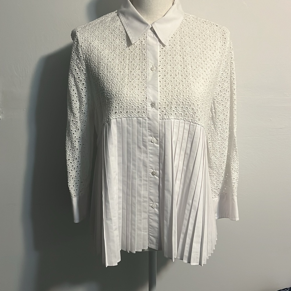 Anthropologie White Lace Pleated Button up Top